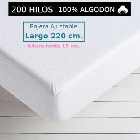 Sábana Bajera Blanca 200 hilos 100 Algodón Largo Especial 220 cm. y altura hasta 15 cm. Royal