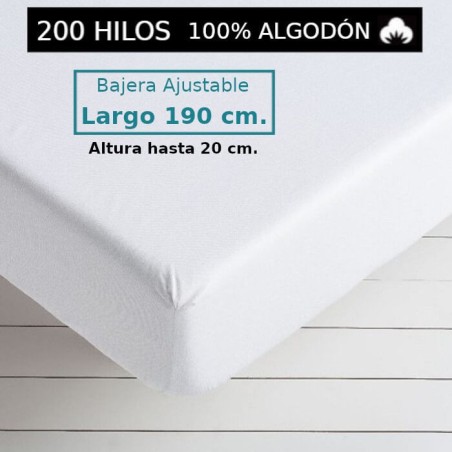 Sábana Bajera Blanca 200 hilos 100 Algodón Largo Especial 190 cm. y altura hasta 20 cm. Royal