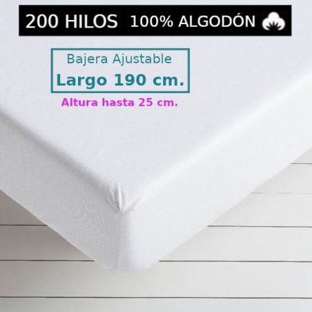 Sábana Bajera Blanca 200 hilos 100 Algodón Largo Especial 190 cm. y altura hasta 25 cm. Royal