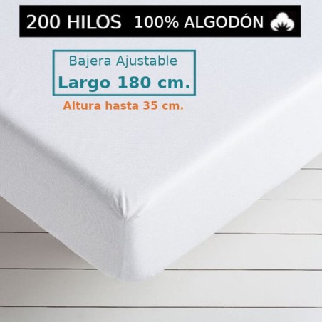 Sábana Bajera Blanca 200 hilos 100 Algodón Largo Especial 180 cm. y altura hasta 35 cm. Royal