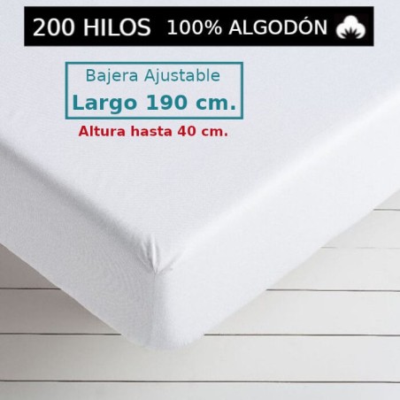 Sábana Bajera Blanco 200 hilos 100 Algodón Largo Especial 190 cm. y altura hasta 40 cm. Royal