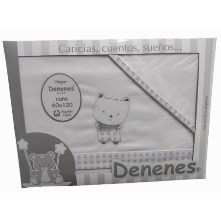 Juego Sábanas Bebé Oso Tirantes Gris 100% Algodón