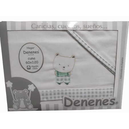 Juego Sábanas Bebé Oso Tirantes Verde 100% Algodón