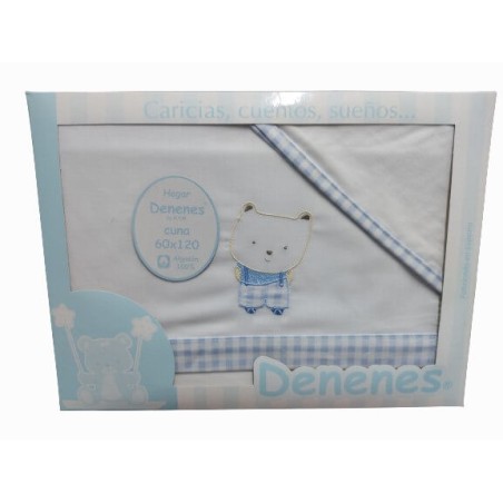 Juego Sábanas Bebé Oso Tirantes Azul 100% Algodón