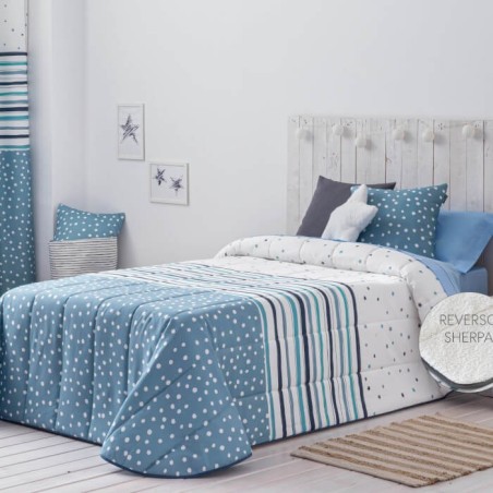 Edredón Comforter Cenefas Azul reverso Borreguillo Sherpa