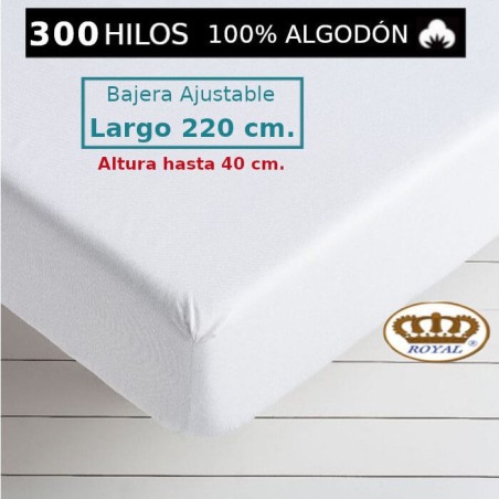 Sábana Bajera Satén 300 hilos 100 Algodón Largo Especial 220 cm. y altura hasta 40 cm. Royal
