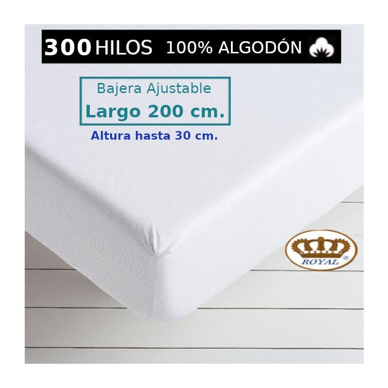 Sábana Bajera 100 Algodón Satén 300 hilos Largo Especial 200 cm. y altura hasta 30 cm. Royal