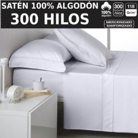 Juego de Sábanas Listado Blanco Satén 300 hilos 100% Algodón Estelia