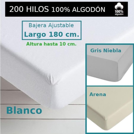 Sábana Bajera Largo Especial 180 cm. y altura hasta 10 cm.100 Algodón 200 hilos Royal 3 Colores