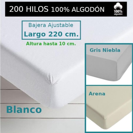 Sábana Bajera 200 hilos 100 Algodón Largo Especial 220 cm. y altura hasta 10 cm. Royal 3 colores