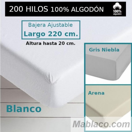 Sábana Bajera 200 hilos 100 Algodón Largo Especial 220 cm. y altura hasta 20 cm. Royal 3 colores