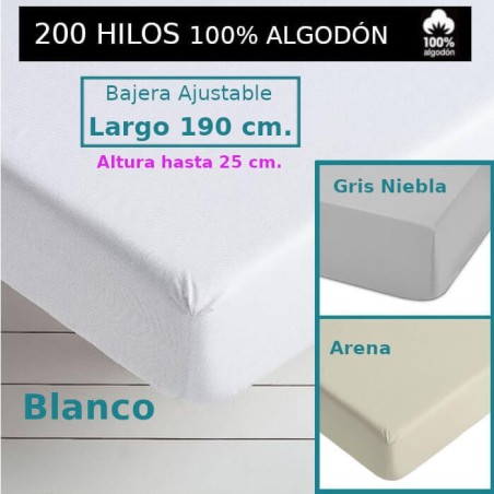 Sábana Bajera 200 hilos 100 Algodón Largo Especial 190 cm. y altura hasta 25 cm. Royal 3 colores