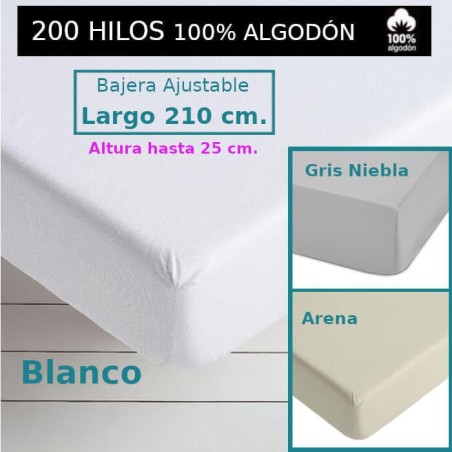 Sábana Bajera 200 hilos 100 Algodón Largo Especial 210 cm. y altura hasta 25 cm. Royal 3 colores