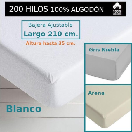 Sábana Bajera Blanca 200 hilos 100 Algodón Largo Especial 210 cm. y altura hasta 35 cm. Royal