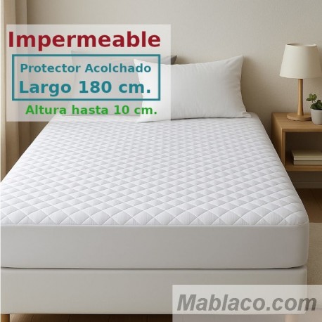 Protector Colchón Acolchado Impermeable y Transpirable AMBAR 1 Tela reverso PU Largo Especial 180 cm Alto hasta 10 cm ROYAL