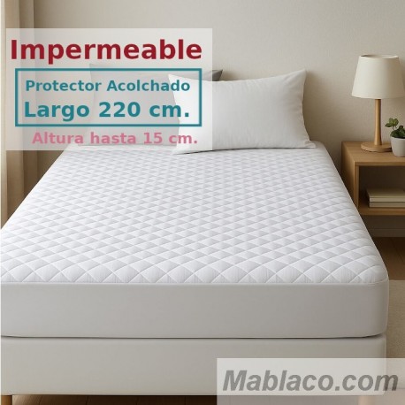 Protector Colchón Acolchado Impermeable y Transpirable AMBAR 1 Tela reverso PU Largo Especial 220 cm Alto hasta 15 cm ROYAL