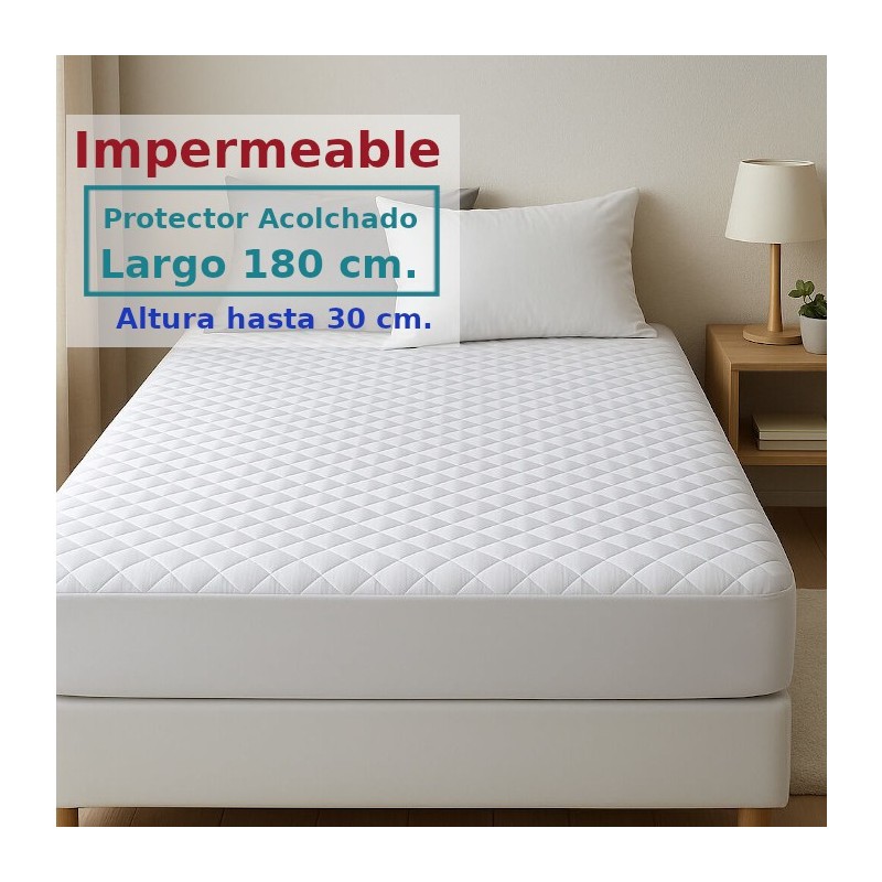 Protector Colchón Acolchado Impermeable y Transpirable AMBAR 1 Tela reverso PU Largo Especial 180 cm Alto hasta 30 cm ROYAL