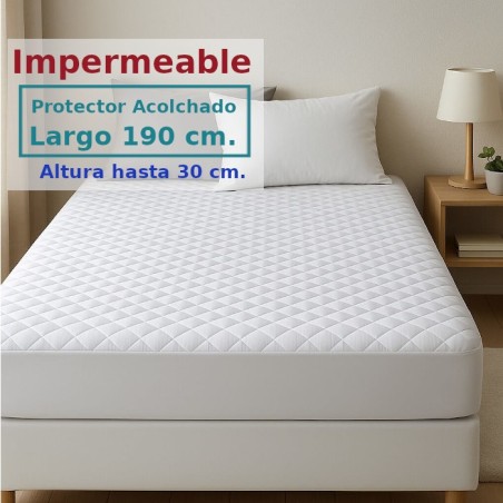 Protector Colchón Acolchado Impermeable y Transpirable AMBAR 1 Tela reverso PU Largo Especial 190 cm Alto hasta 30 cm ROYAL