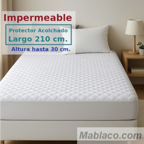 Protector Colchón Acolchado Impermeable y Transpirable AMBAR 1 Tela reverso PU Largo Especial 210 cm Alto hasta 30 cm ROYAL