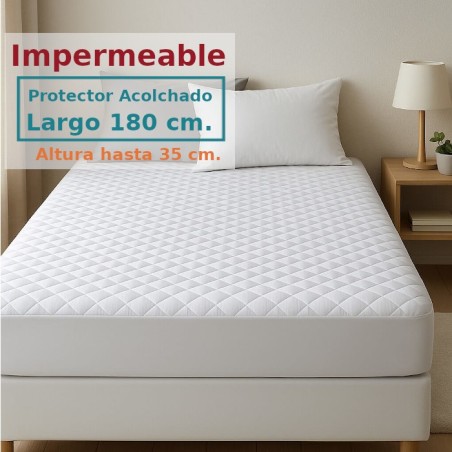 Protector Colchón Acolchado Impermeable y Transpirable AMBAR 1 Tela reverso PU Largo Especial 180 cm Alto hasta 35 cm ROYAL