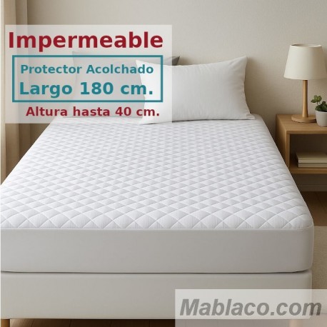 Protector Colchón Acolchado Impermeable y Transpirable AMBAR 1 Tela reverso PU Largo Especial 180 cm Alto hasta 40 cm ROYAL