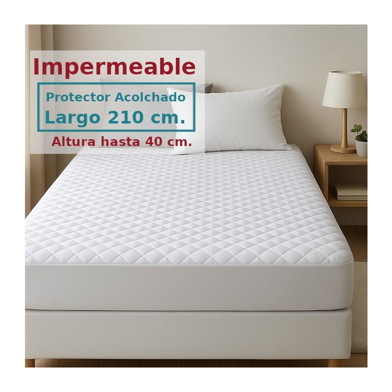 Protector Colchón Acolchado Impermeable y Transpirable AMBAR 1 Tela reverso PU Largo Especial 210 cm Alto hasta 40 cm ROYAL