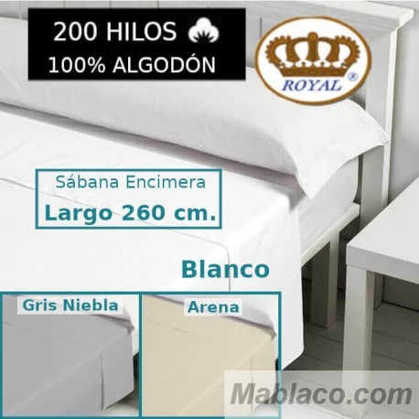  Sábana Encimera 100% Algodón 200 hilos Royal largo 260 cm para colchones de 190 cm. 3 colores