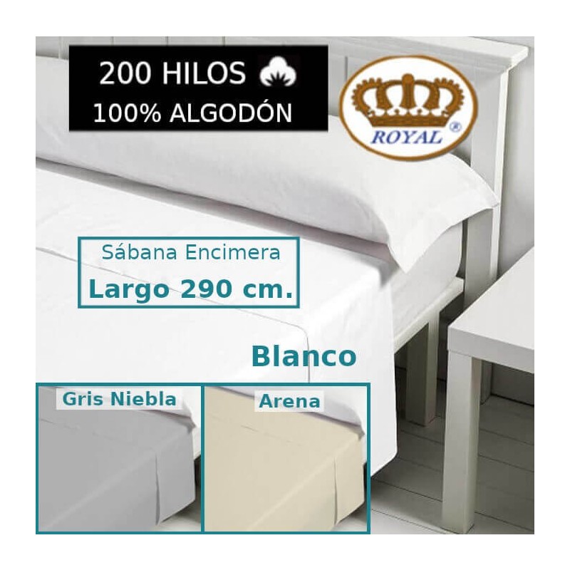 Sábana Encimera 100% Algodón 200 hilos Royal largo 290 cm para colchones de 220 cm 3 colores