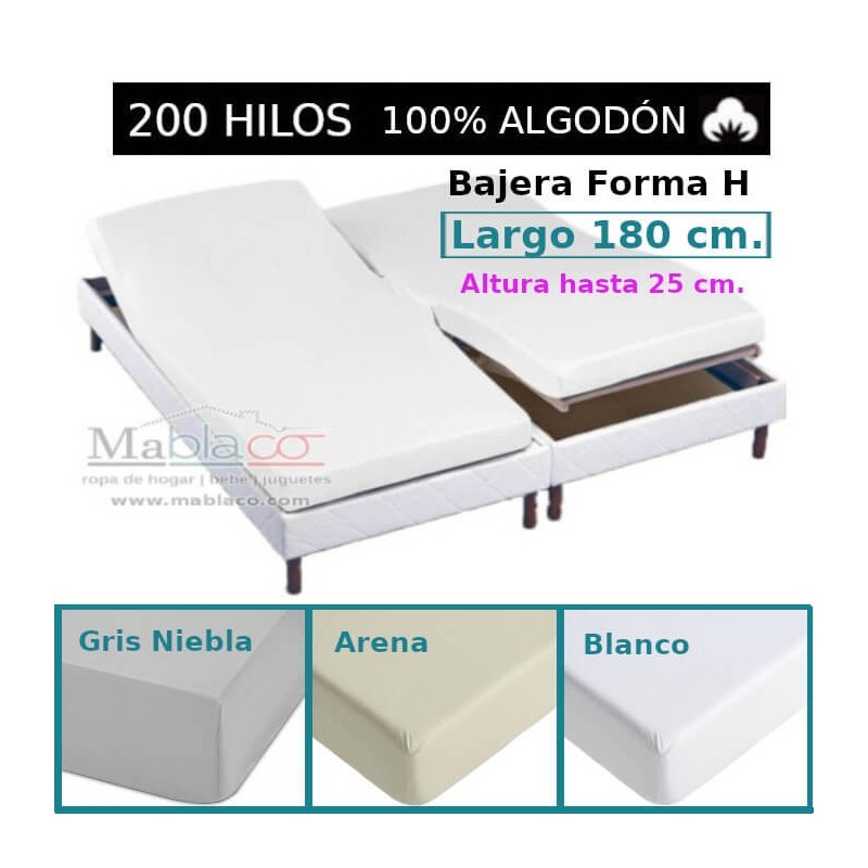  	Sábana Bajera Cama Articulada 100% Algodón 200 hilos Forma H Largo 180 cm y altura hasta 25 cm Royal 3 colores