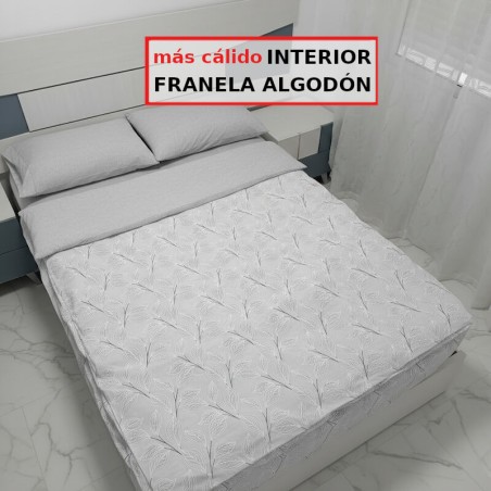 Saco Nórdico Franela Algodón Invierno Hoja Nature Gris Royal Con Cremallera y Fuelle