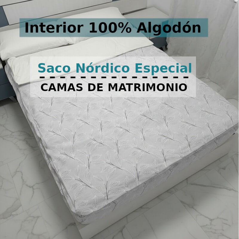 Saco Nórdico Hoja Nature Gris interior 100% Algodón 200 hilos Royal Cama de Matrimonio infantil con Cremallera y Fuelle