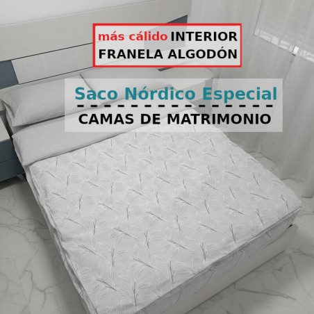 Saco Nórdico invierno Hoja Nature Gris interior franela algodón gris Cama de Matrimonio