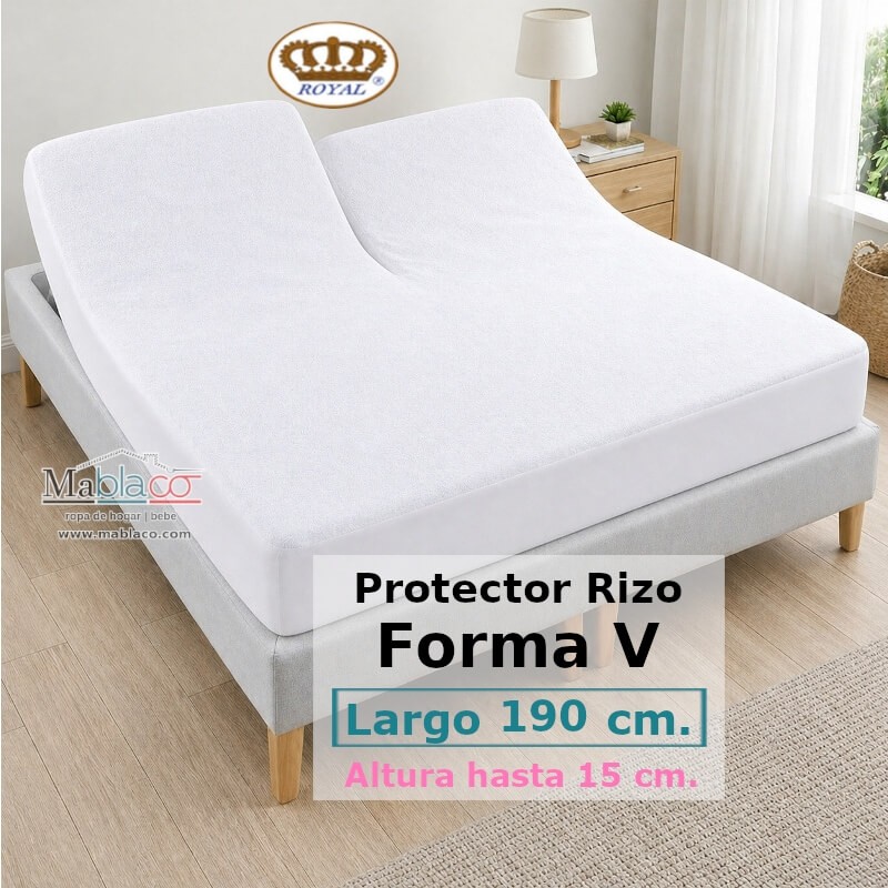 Protector Colchón Rizo Algodón Pantalón Cama Articulada Gemelar Forma V Largo 190 y altura 15 cm Impermeable Transpirable Royal