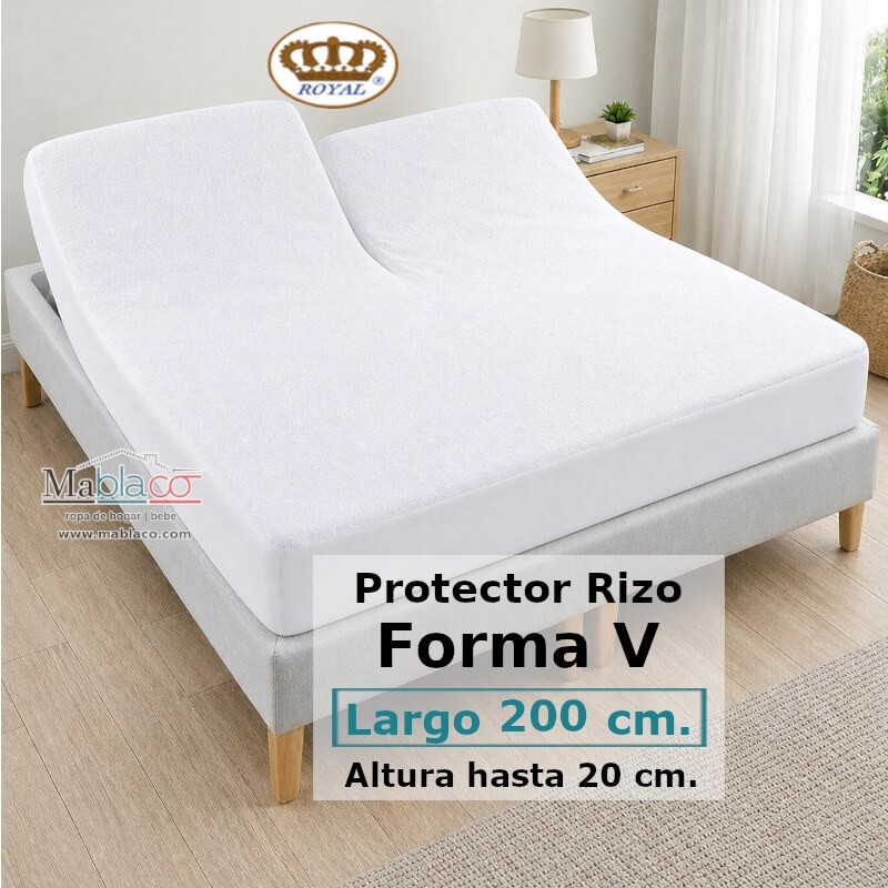 Protector Colchón Rizo Algodón Pantalón Cama Articulada Gemelar Forma V Largo 200 y altura 20 cm Impermeable Transpirable Royal