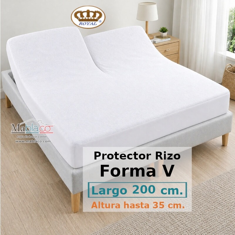 Protector Colchón Rizo Algodón Pantalón Cama Articulada Gemelar Forma V Largo 200 y altura 35 cm Impermeable Transpirable Royal