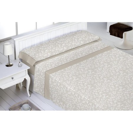 Juego de sábanas de coralina Bouquet beige de Abece con ramitas de flores en blanco