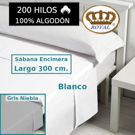 Sábana Encimera 100% Algodón 200 hilos Largo Especial 300 cm. ideal para colchones 230 cm de largo Royal