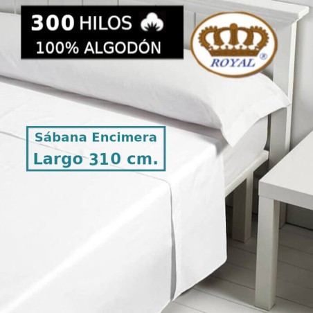 Sábana Encimera Blanca 100% Algodón Satén 300 hilos Largo Especial 310 cm Girada. ideal para colchones 240 cm de largo Royal