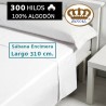 Sábana Encimera Blanca 100% Algodón Satén 300 hilos Largo Especial 310 cm Girada. ideal para colchones 240 cm de largo Royal
