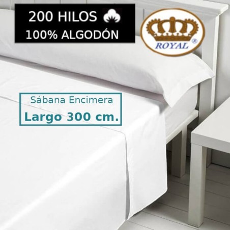 Sábana Encimera Blanca 100% Algodón 200 hilos Largo Especial 300 cm. ideal para colchones 230 cm de largo Royal