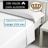 Sábana Encimera Blanca 100% Algodón 200 hilos Largo Especial 310 cm. ideal para colchones 240 cm de largo Royal